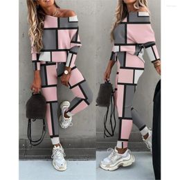 Women's Two Piece Pants Autumn Casual Sets For Women 2023 Fashion Geometric Print Long Sleeve T-shirts & Elastic Waist Pencil Set Outfit