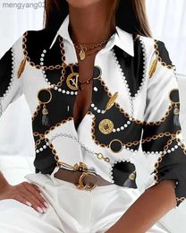 Women's Blouses Shirts Elegant Blouses for Women Chain Print Button Up Turn-Down Collar Long-Sleeved Casual Office Lady Shirts 2023 Women's Tops T231025