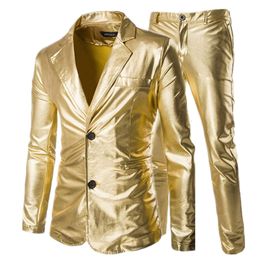 Fashion Casual Boutique Hot Stamping Suit Pieces Set Men S Slim Two Button Gold Blazer Jacket Coat Trousers Pants
