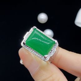 Men Ring Rectangle Green Jade Chalcedony zircon Diamond White Gold Open Ring Adjustable