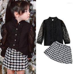 Clothing Sets FOCUSNORM 3-7Y Fashion Little Girls Clothes Outfits Sheer Mesh Long Puff Sleeve Shirt Houndstooth Mini Skirt