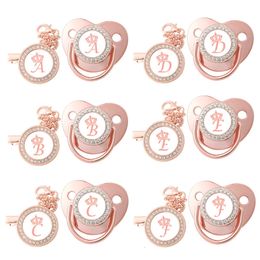 Other Baby Feeding Rose Gold Crown Name Initials Pacifier Bling Luxury Personalised Pacifiers Chain Clips Set born Silicone Nipple Teethers 231025