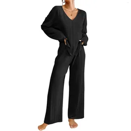 Women's Two Piece Pants Women S Tracksuits Loungewear Set Solid Color Long Sleeve Tops 2 Pieces Ribbed Knit Sleepwear