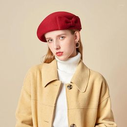 Berets Lady Fedoras Wool Cap Woman Woollen Bowtie Autumn Winter Beret Hat Bowler Pumpkin Dome LM073