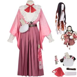 Cosplay Kamado Cosplay Anime Demon Slayers Costume Pink Uniform Dress Wig Nezuko Bag Kimono Halloween Party Outfit For Women