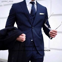 Men's Suits Blazers Navy Blue Pinstripe Mens Suits 3 Piece Jacket Vest Pants Set Groom Wedding Slim Fit Tuxedo Formal Business Peaked Lapel Blazer Q231025