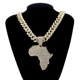 Fashion Crystal Africa Map Pendant Necklace For Women Men's Hip Hop Accessories Jewellery Necklace Choker Cuban Link Chain Gift2176