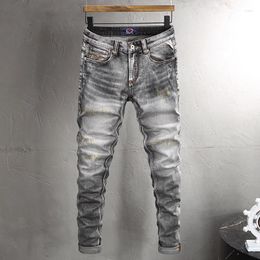 Men's Jeans Streetwear Fashion Men Retro Washed Grey Elastic Slim Fit Ripped Embroidery Designer Vintage Denim Pants Hombre