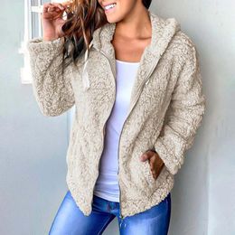 Women's Jackets Winter Warm Lamb Wool Jacket Female Long Sleeve Zippers Hooded Coats Solid Colour Big Pocket Furry Cardigan Chaquetas