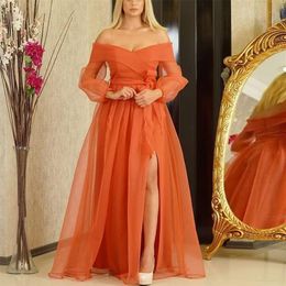 Women Elegant Dresses Off Shoulder Patchwork Sleeves Slit Orange Mesh Birthday Evening Party Robe Plus Size XXL with Waist Belt 21243f