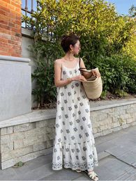 Casual Dresses 2023 Resort Style Sexy Strapless Floral Print Hollow Out Patchwork Women Summer Beach Loose Long Linen Dress