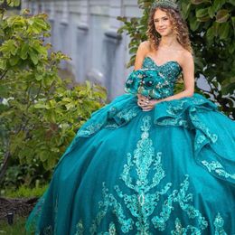 Emerald Green Shiny Quinceanera Dresses for Sweet 15 Year Sexy Off the Shoulder Puffy Ball Gown Lace Appliques Beads Princess Gowns