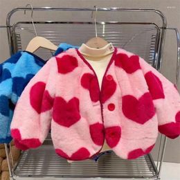 Jackets Korean Baby Jacket Velvet Warm Winter Love Pattern For Girls Sweater Coat Fashion Kids Outwear Girl Clothes 2-7Year