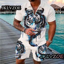 Men's Tracksuits Summer Fashion Tracksuit Polo Shirt Animal Print Tops Suit Casual Streetwear Zipper Lapel Short Sleeve Two-piece Set