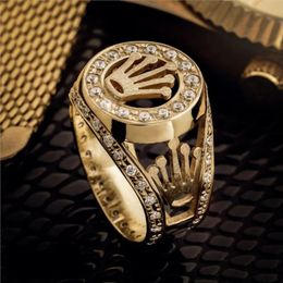Band Rings Hip Hop Rings Gold Colour Full Zircon Crown Rings for Men and Womens Iced Out Rhinestone Engagement Wedding Ring Hip Hop Jewellery 231025