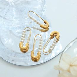 Stud Earrings 316L Stainless Steel Jewellery Dainty Safety Pin Pearl For Girl 18k Gold Plated Fashion Earring