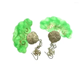 Dangle Earrings Chinese Antique Tibetan Silver Inlaid Jade Jewels