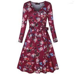 Casual Dresses Women V Neck Long Sleeve Corset Waist And Slim Figure Print Dress Summer