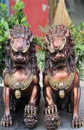 A Pair Medicine old 12 Chinese BRASS Gilt Guardian Foo Fu Dog Hold Ball Door Lion Kid Statue 2pcs Garden Decoration172n4090262