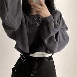 Women's Hoodies Womens Long Sleeve Solid Colour Pullover Hoodie Sweatshirt Tops Casual Loose Crop Round Neck 066C