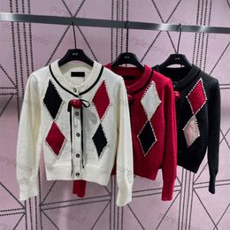 Knit Cardigan Womens Block Print Design Casual Heavy Industry Nailed Beaded Ribbon Fashion Sweater Coat