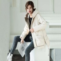 0C23M640 Womens Winter Genuine Leather Down Jacket Medium Length Sheep Skin Loose Fitting Black and White