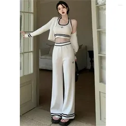 Women's Two Piece Pants Spring Casual 3 Women Cardigan Tracksuits Fashion Knitted Halter Vest Wide Leg Pant Set Ladies Embroidery Sweater