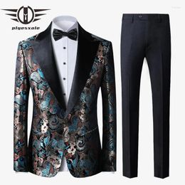 Men's Suits Floral Jacquard Men For Wedding Slim Fit Latest Coat Pant Designs Man Dinner Prom Party Suit (Jacket Pants) Q1130