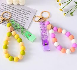 Silicone Beaded Keychain Touch Free PU Leather Grabber Card Puller Keychains Portable Bracelet Keychain Creative Gift Keyring de589