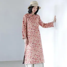 Casual Dresses Retro Floral Printing Womens Mid-calf Dress 2023 Autumn Long Sleeve Split Chinese Style Female Vintage Vestidos