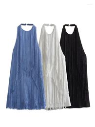 Casual Dresses Women Fashion With Tassel Solid Backless Mini Dress Vintage Halter Neck Sleeveless Female Chic Lady