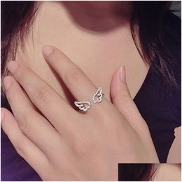 Band Rings Angel Wings Ring Adjustable Rhinestone Finger Rings For Women Sier Colour Female Party Birthday Jewellery Gift Drop Delivery D Ot47Q