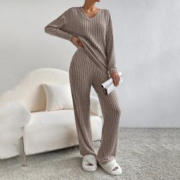 Women s Two Piece Pants 2023 Autumn Sets For Women 2 Pieces Casual Straight Loose V neck Pitted Knit Suits Trapstar Woman Clothing Loungewear 231025