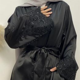 Ethnic Clothing Embroidered Pocket Cardigan Dress For Women Dubai Abayas Turkey Muslim Elegant Long Solid Lace-up Robes