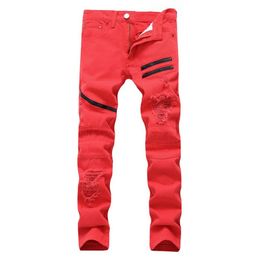 Red Slim Mens Biker Zipper Jeans Men Clothing Fit Straight Biker Ripper Zipper Full Length Men's Pants Casual Long Pants187Q