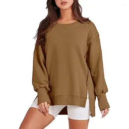 Women's Hoodies Fall Spring Sweatshirt Women O Neck Long Sleeve Loose Short Font Back Split Hem Solid Colour Casual Lady T-shirt Top