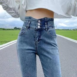 Women's Jeans Super Elastic High Waist Pencil Streetwear Women Skinny Denim Trousers Double Button Retro Stretch Pants LJ12