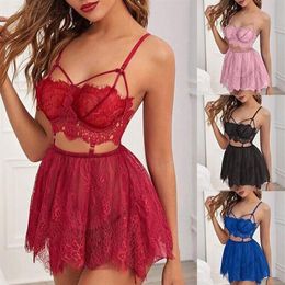 Women's Sexy Lingerie V-neck See Through Costumes Backless Outfits Cutout Lace Flower Bra Women Sleep Mesh Short Skirt Tho290K