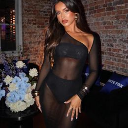 Casual Dresses BoozRey Summer Mesh See Through Sexy Y2K Clothes Long Sleeve Side Slit Bodycon Maxi For Women Club Streetwear Outfits