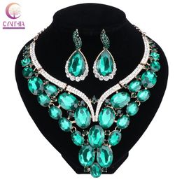 Fashion Jewelry Chunky Gem Crystal Flower Choker Necklace Statement Necklace Earring Party Dress Jewelry Sets 10 Colors225g