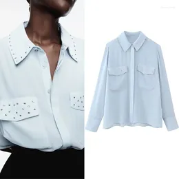 Women's Blouses Formal Fluid Studded Shirt For Women Autumn Commuter Lapel Collar Long Sleeves Chic Pockets Front Button Up Shirts