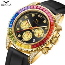 Wristwatches Fashion Coloured Diamond High-quality Mens Quartz Watch ONOLA Silicone Tape Waterproof Watch Clock ManL2305L2304