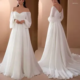Casual Dresses Women White Wedding Party Dress Off-Shoulder Puff Long Sleeve Ruched Elegant Prom Backless Floor Length Evening Gown