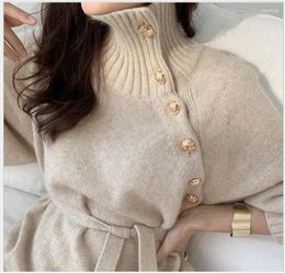 Women's Sweaters Women's High-neck Sweater Dress Two-Wear Lace-Up Waist Knitted Korean Chic French Autumn /Winter Clothes Loose Dresses