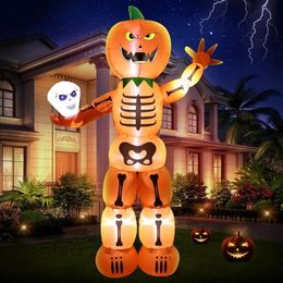 Christmas Decorations DomKom 8 FT Tall Halloween Inflatables Outdoor Decorations Giant Skeleton Stacked Pumpkin Man Holding Skull 231025