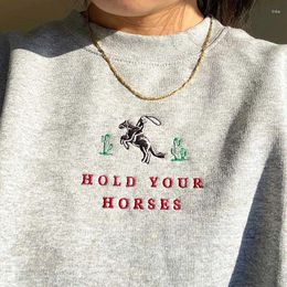 Women's Hoodies Hold Your Horses Embroidered Sweatshirts Men Women Unisex Grey Votton Thick Pullover Vintage Style 80s 90s Autumn