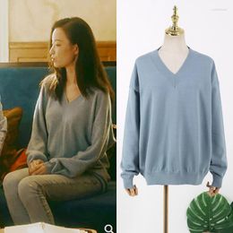 Women's Sweaters Women's Kpop IU Seo Yea Ji Early Spring Loose Light Blue V-neck Pullover Sweater Women Streetwear Fashion Long-Sleeved