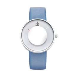 SHENGKE Quartz Movement Ladies Wristwatch Women Quartz Watches Leather Strap Creative Mirror Glass Analog Dial Pink Blue Watchband310H