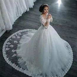 Ilusão branco/marfim vestidos de casamento 2024 mangas compridas apliques rendas contas lantejoulas vestido de noiva princesa tule vestidos de casamento