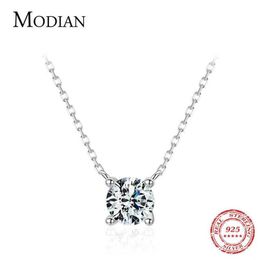 Modian Classic 925 Sterling Silver Round Simple Clear CZ Chain Necklaces Pendant For Women Wedding Engagement Statement Jewelry 21184N
